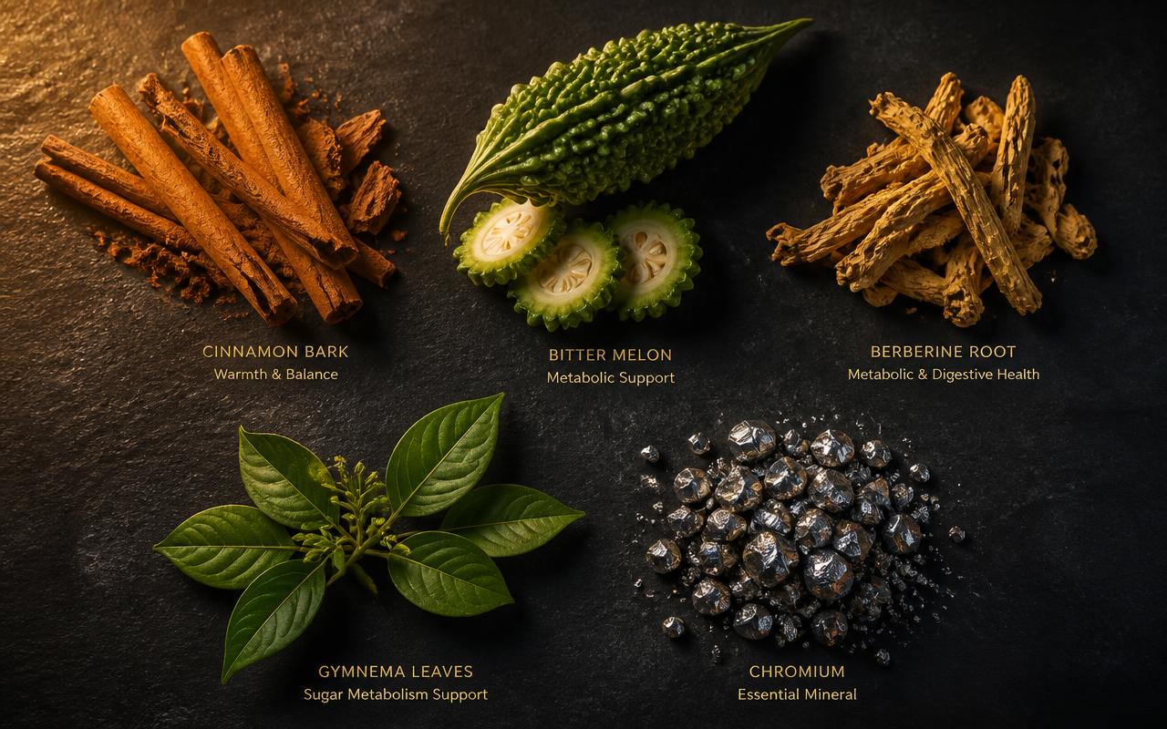 Cinnamon bark, bitter melon, berberine root, gymnema leaves and chromium shown as Gold Standard Blood ingredients