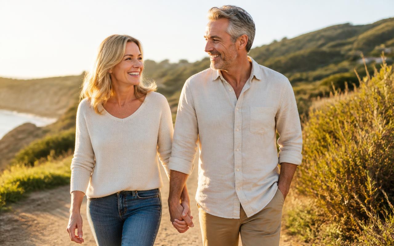 Healthy couple in their fifties walking outdoors with steady energy