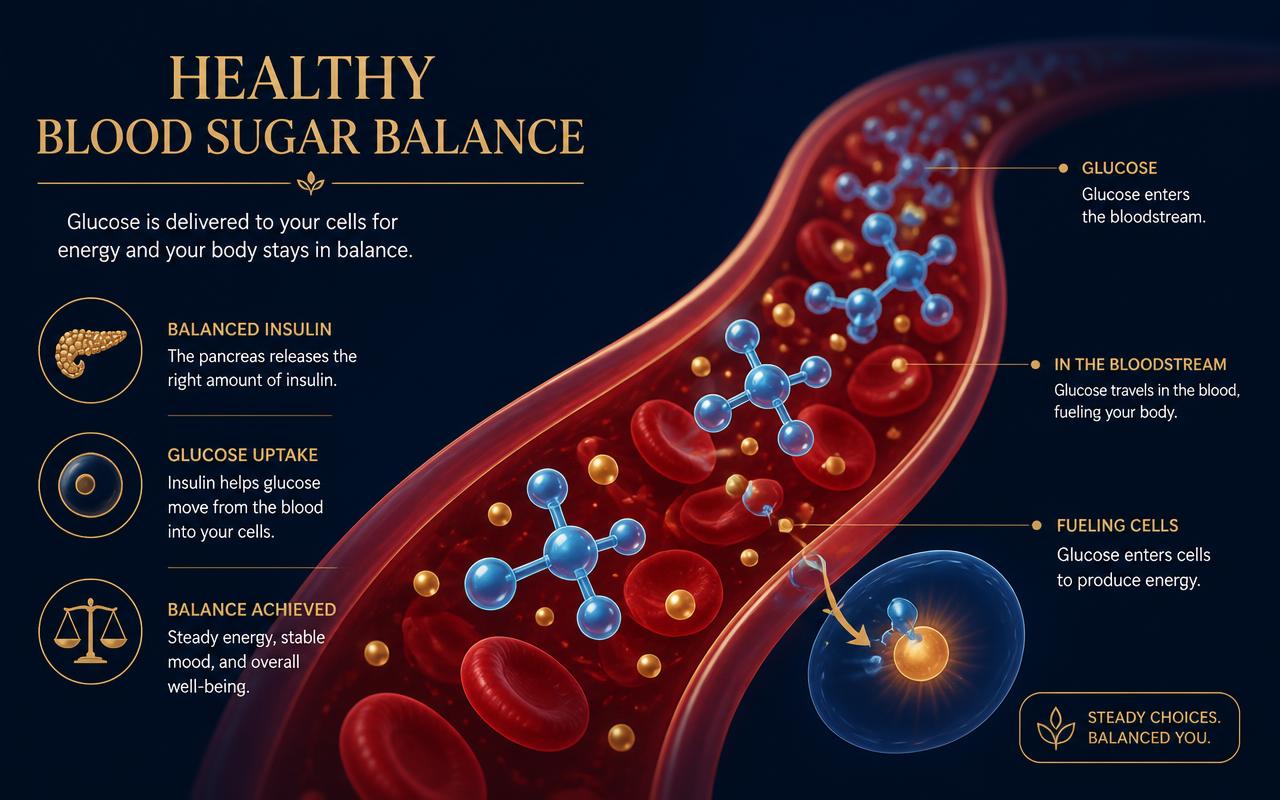 Infographic explaining how glucose moves through the bloodstream into cells for energy